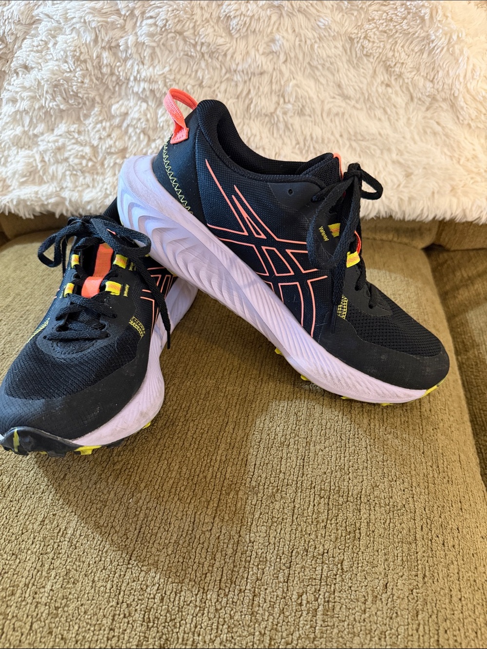 Asics Women’s Black Sneakers with Pink and Yellow Accents